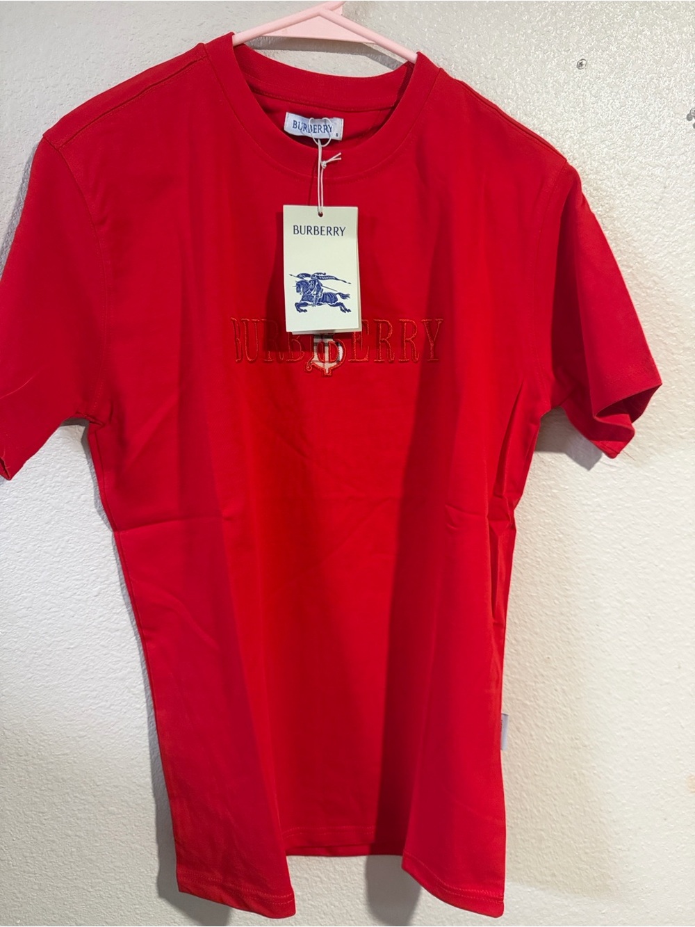 Burberry Men's Bright Red Embroidered Logo Crewneck Tee